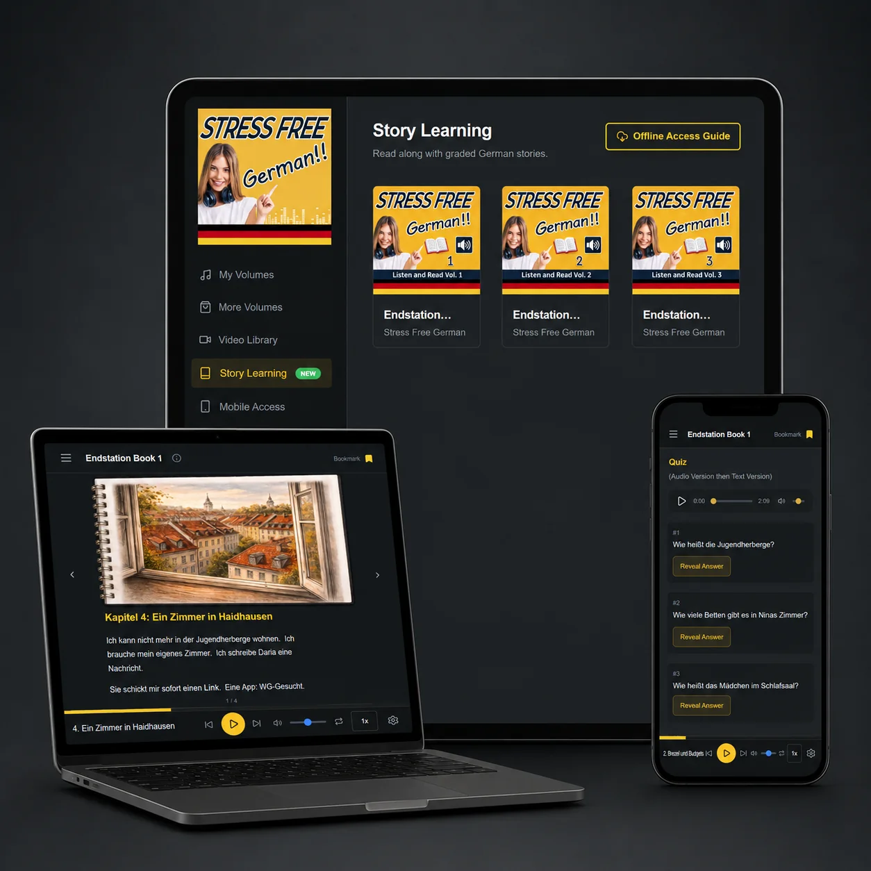 Stress Free German Listen and Read on laptop, tablet and phone